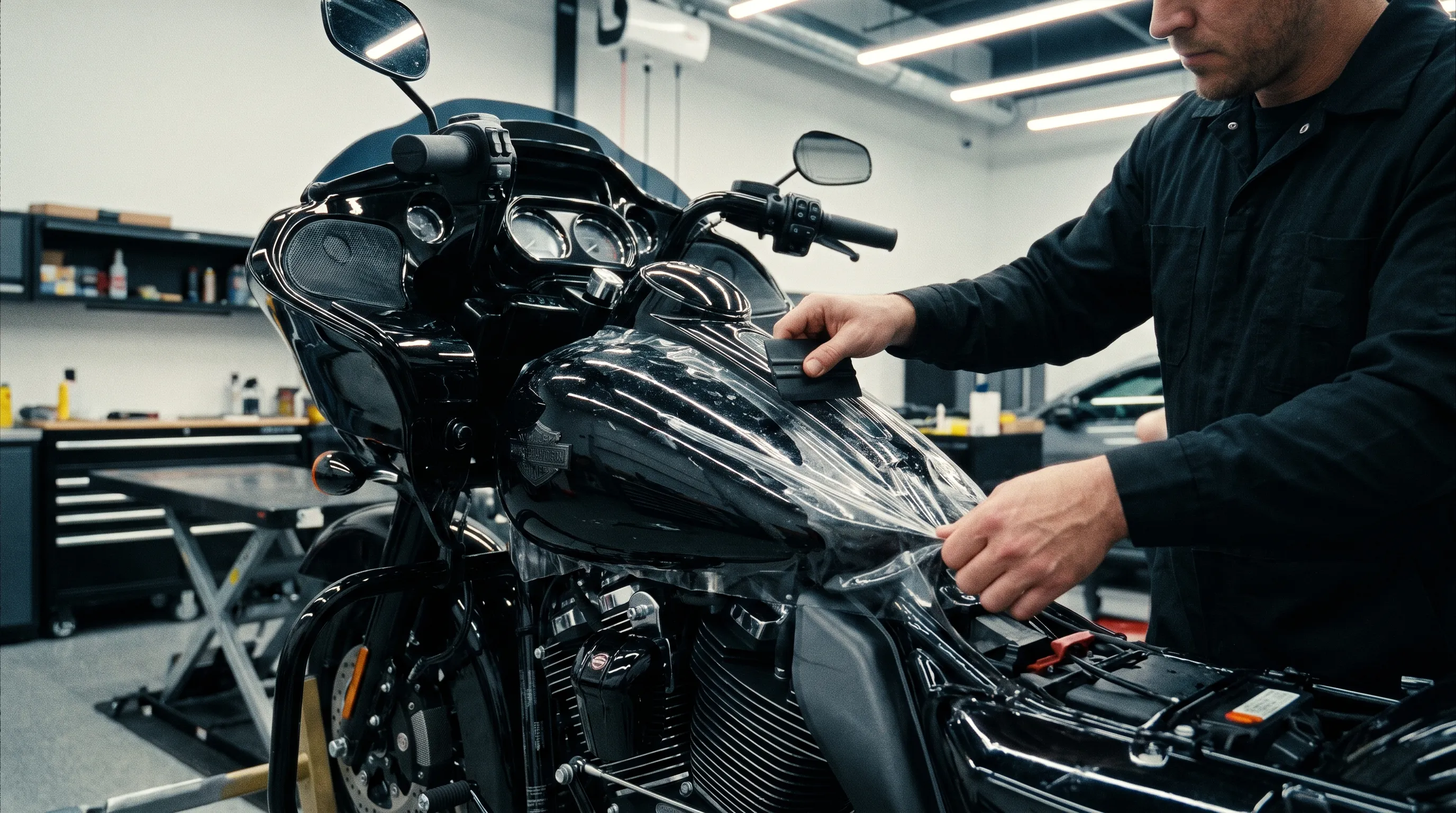 Motorcycle PPF coverage zones on fuel tank, fairings, fender, and panniers