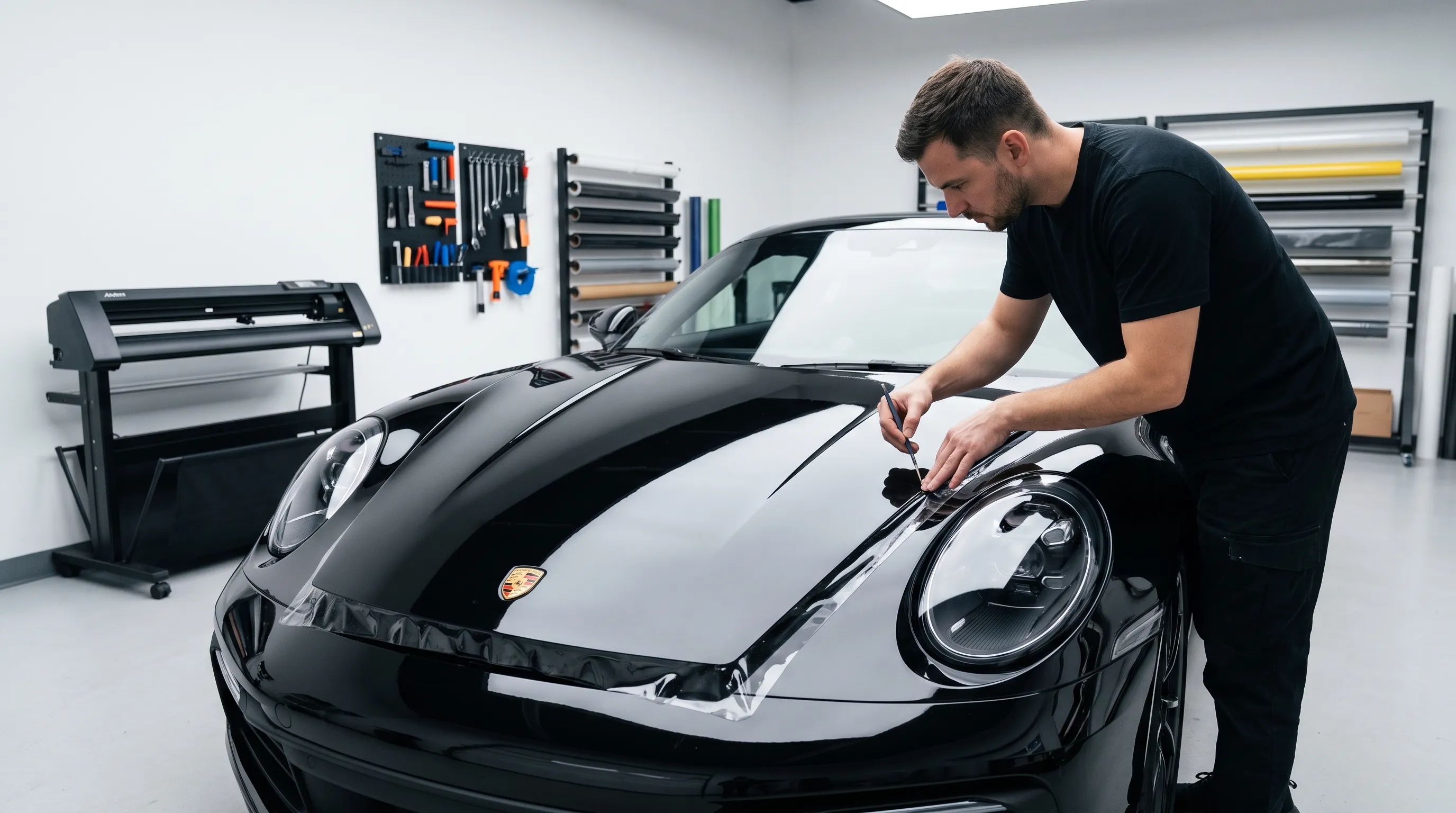 Digital plotter cutting a precise PPF pattern before vehicle installation